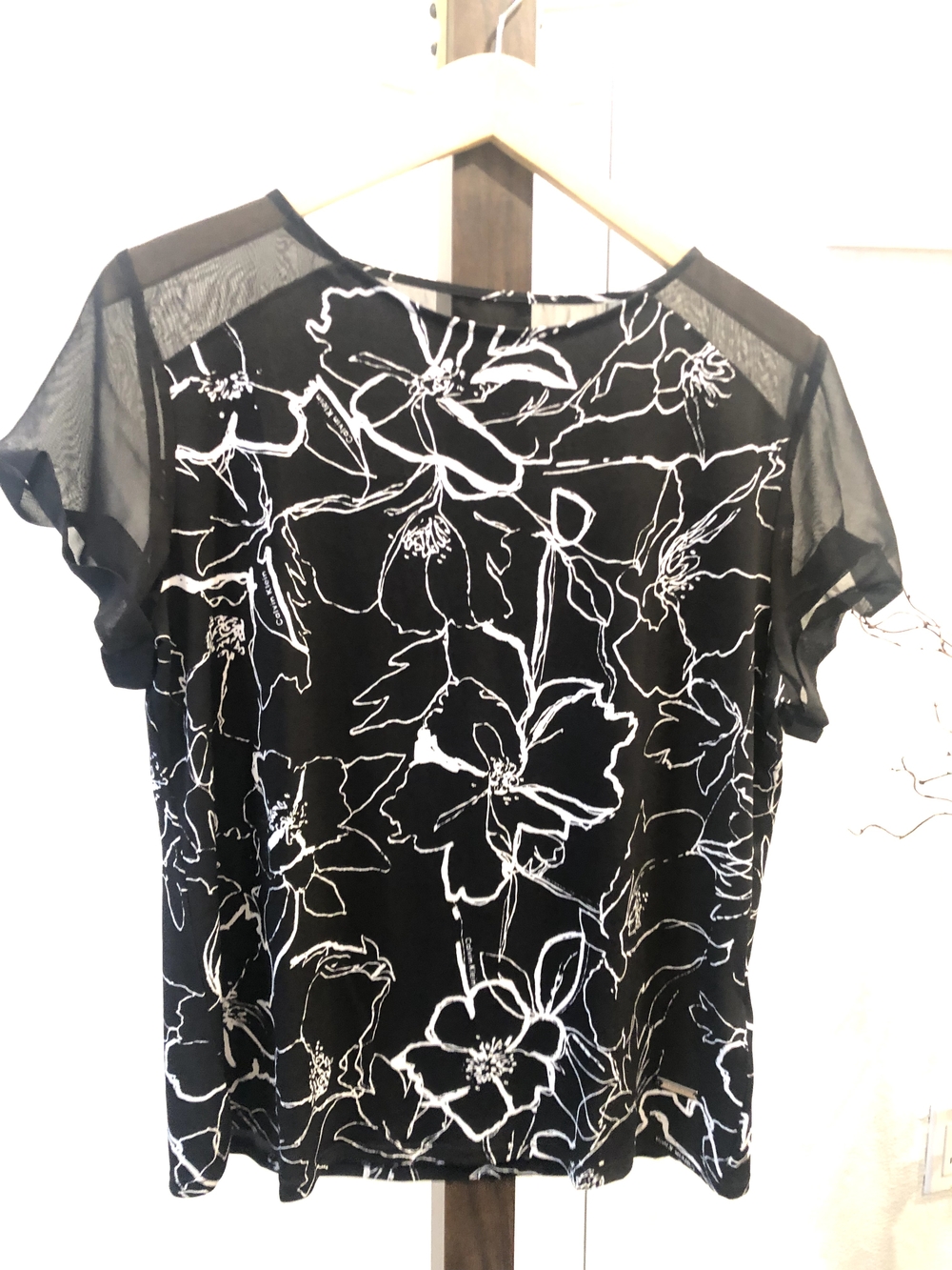 Calvin Klein Black Top with White Floral Sketch